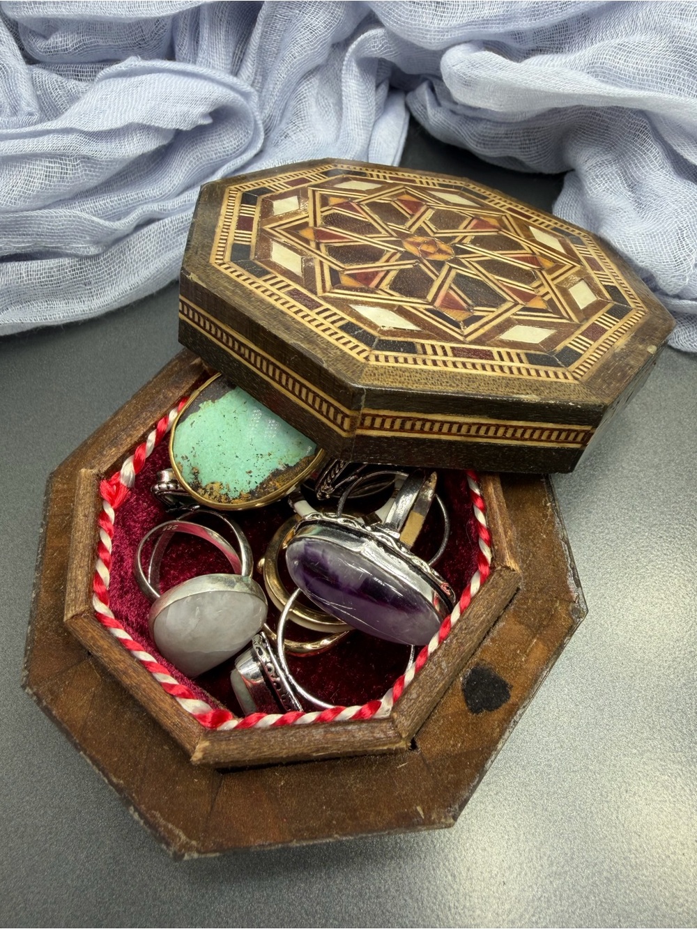 Vintage Octagonal Inlay Wooden Jewelry Box with Mixed Stone Rings